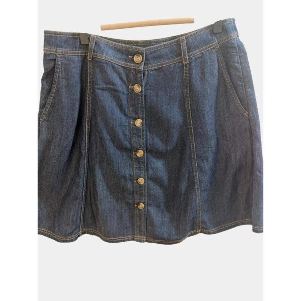 Loft Womens Size 10 Denim Mini Skirt Dark Wash Button Front Linen Blend A-Line
